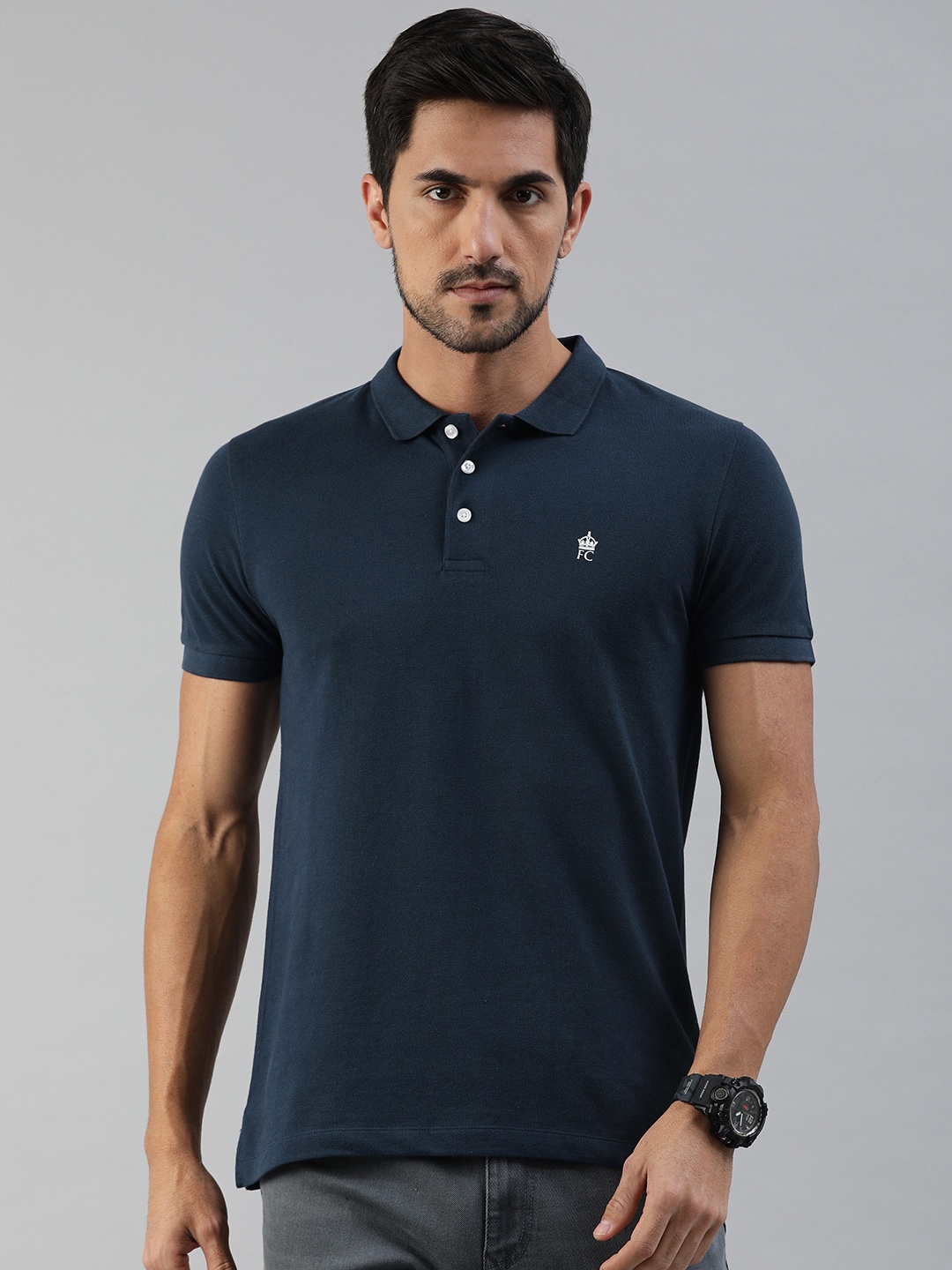 

French Connection Men Blue Solid Polo Collar Pure Cotton T-shirt