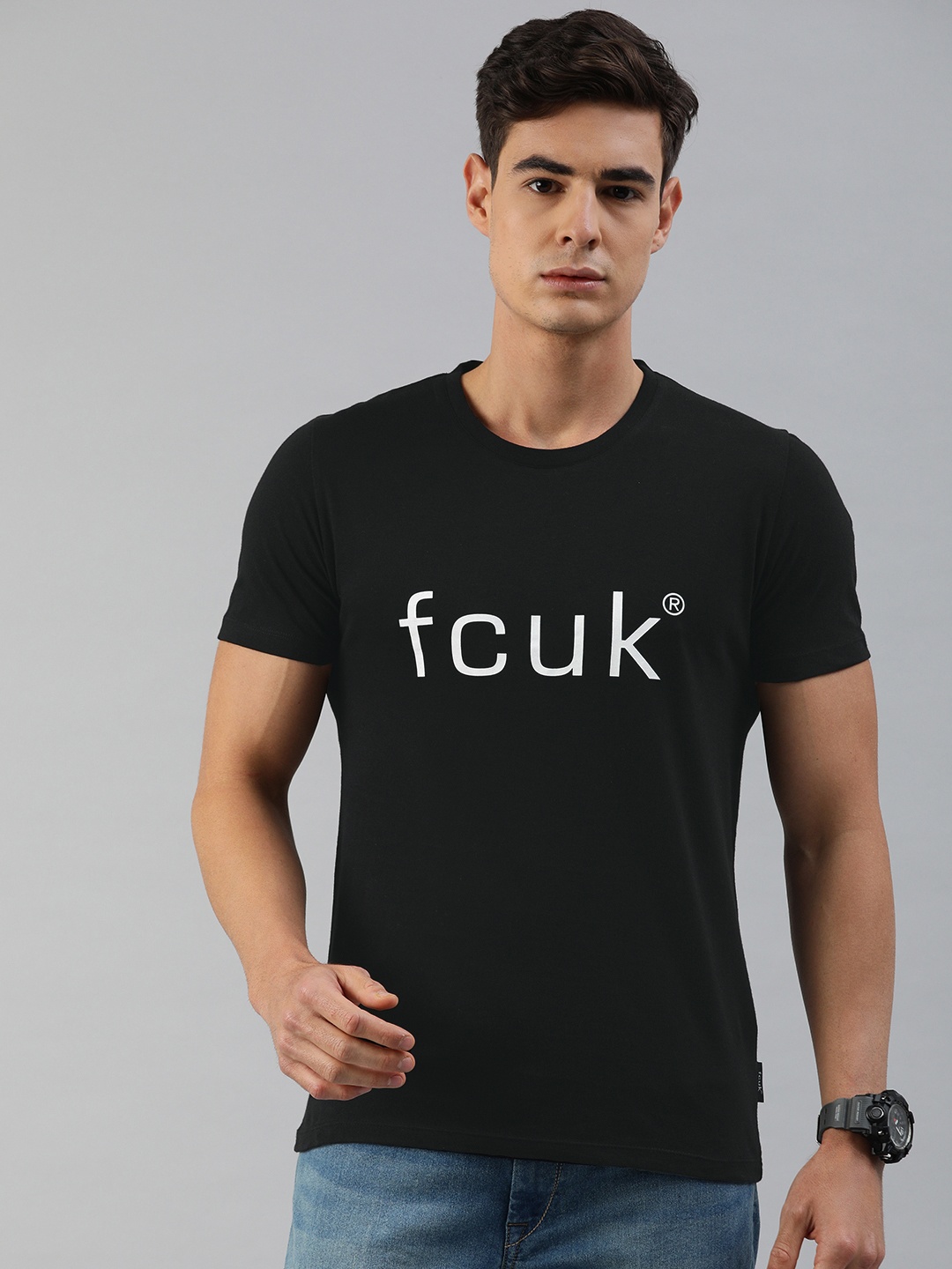

French Connection Men Black Printed Round Neck Pure Cotton T-shirt