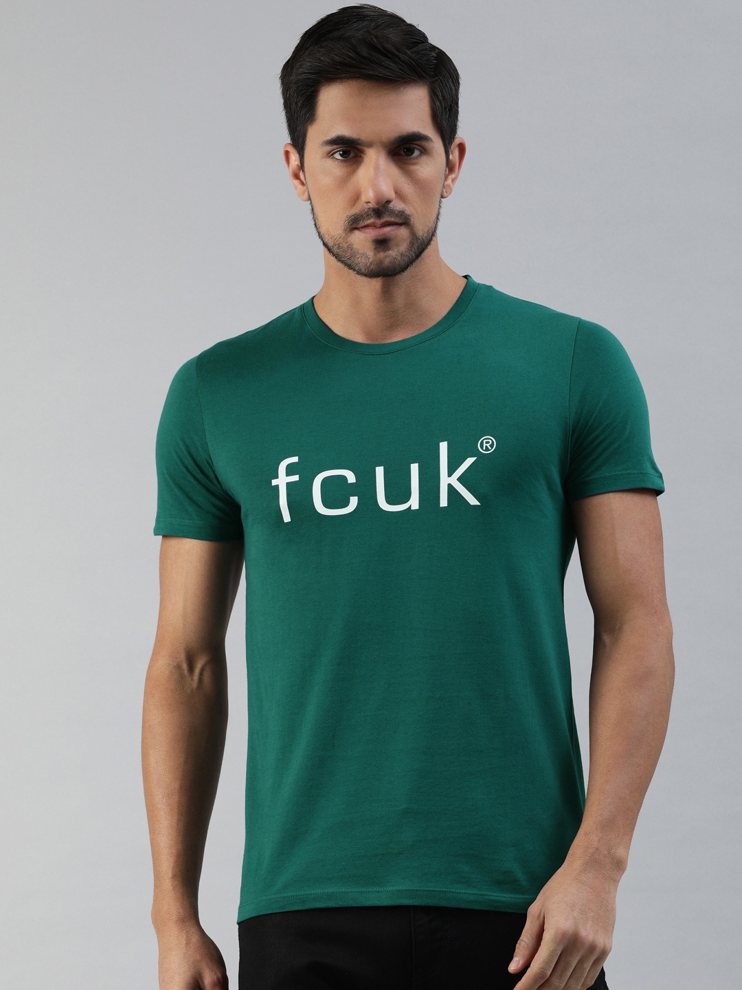 

French Connection Men Teal Green Printed Round Neck Pure Cotton T-shirt