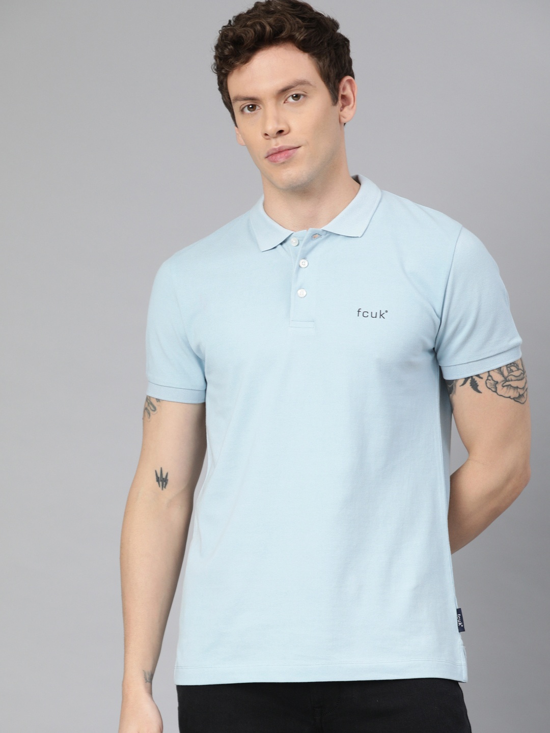 

French Connection Men Blue Solid Polo Collar Pure Cotton T-shirt