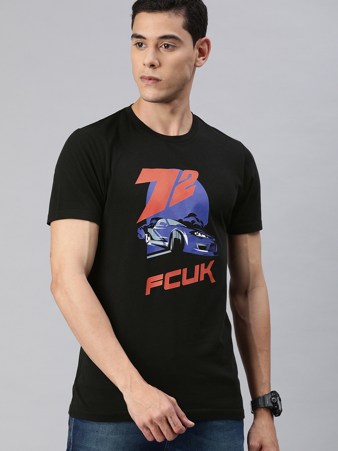 

French Connection Men Black Printed Round Neck Pure Cotton T-shirt