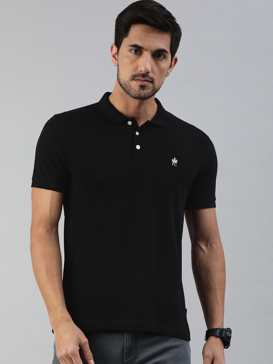 

French Connection Men Black Solid Slim Fit Polo Collar Pure Cotton T-shirt