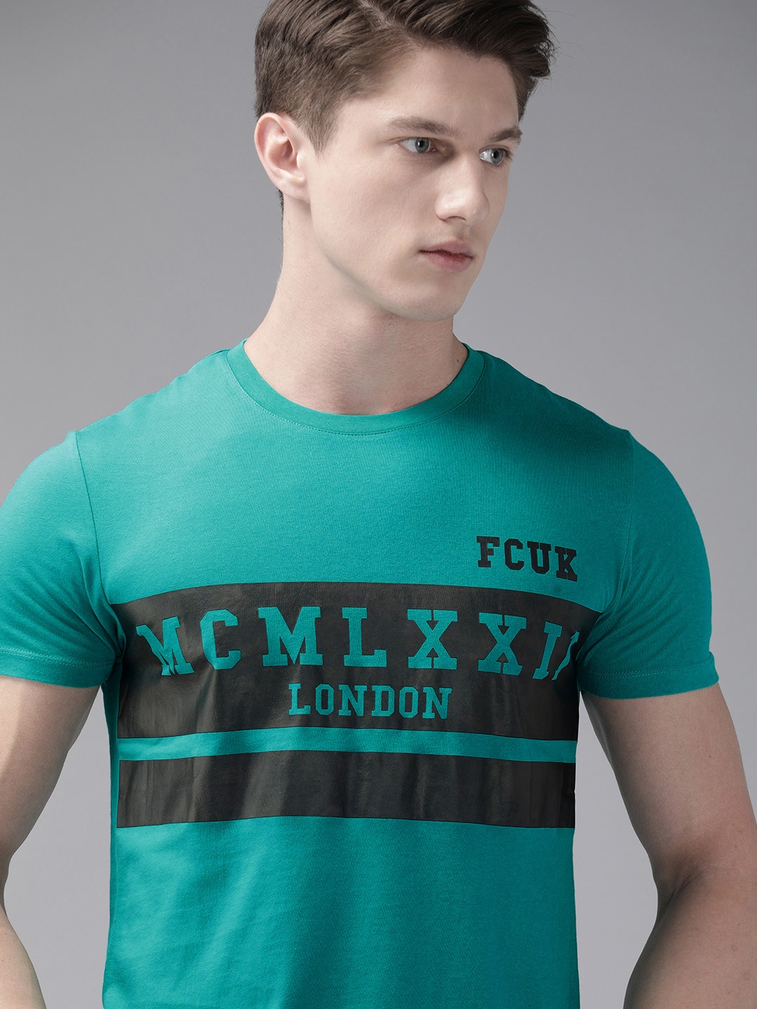 

French Connection Men Teal Green Black Printed Round Neck MCMLXXII TEAM Pure Cotton T-shirt