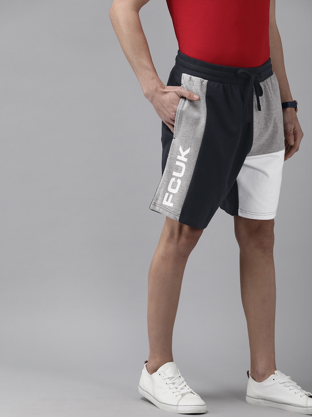 

French Connection Men Navy Blue & Grey Melange Colourblocked Slim Fit Regular Shorts