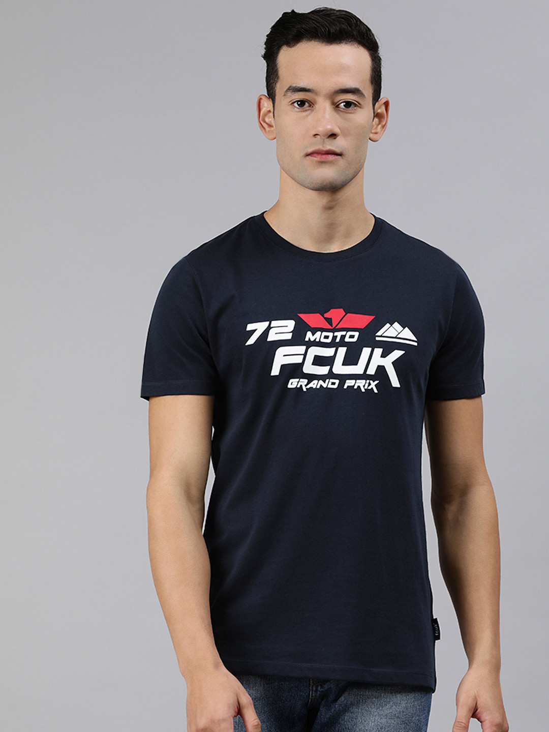 

French Connection Men Navy Blue Printed Round Neck Pure Cotton T-shirt