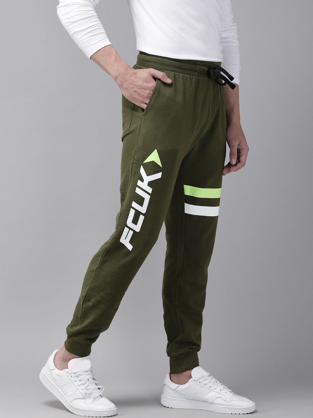 

French Connection 72 Forward Men Olive Green & White Slim Fit Joggers with Printed Details