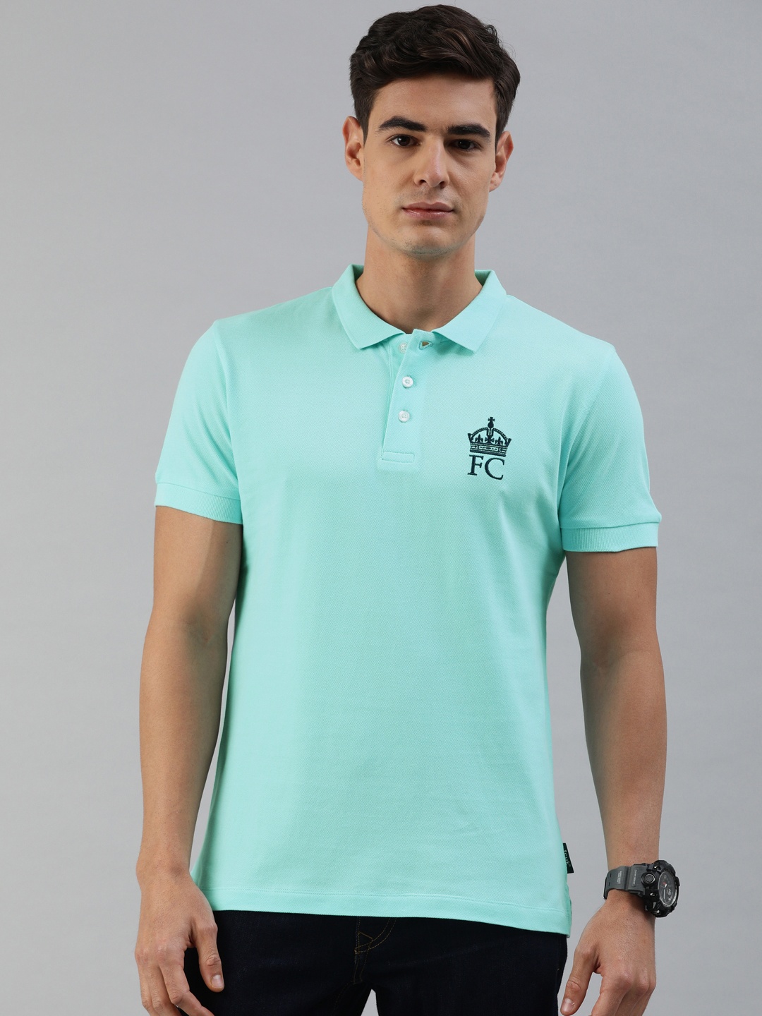 

French Connection Men Sea Green Solid Polo Collar Pure Cotton T-shirt