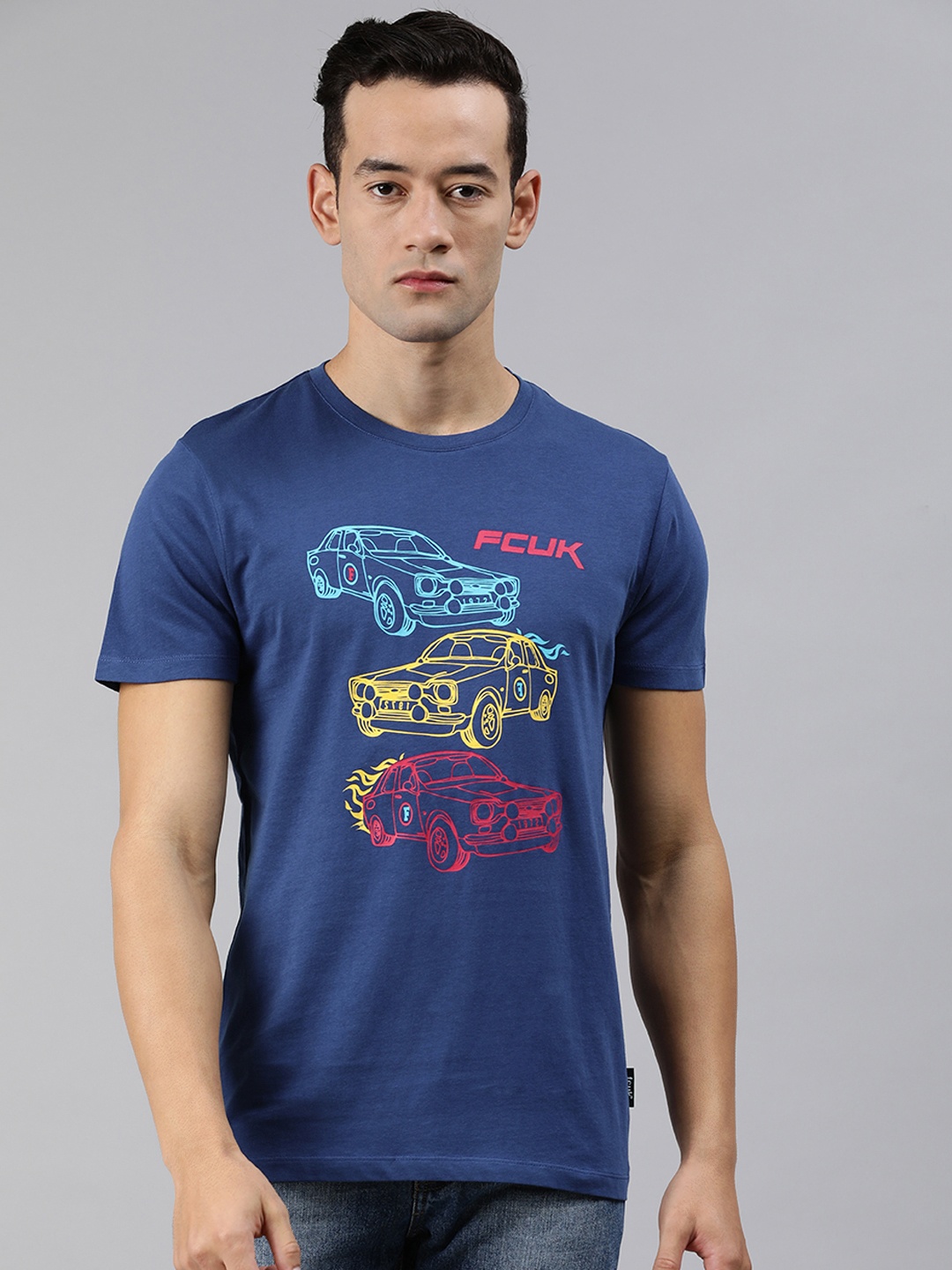 

French Connection Men Blue Printed Round Neck Pure Cotton T-shirt