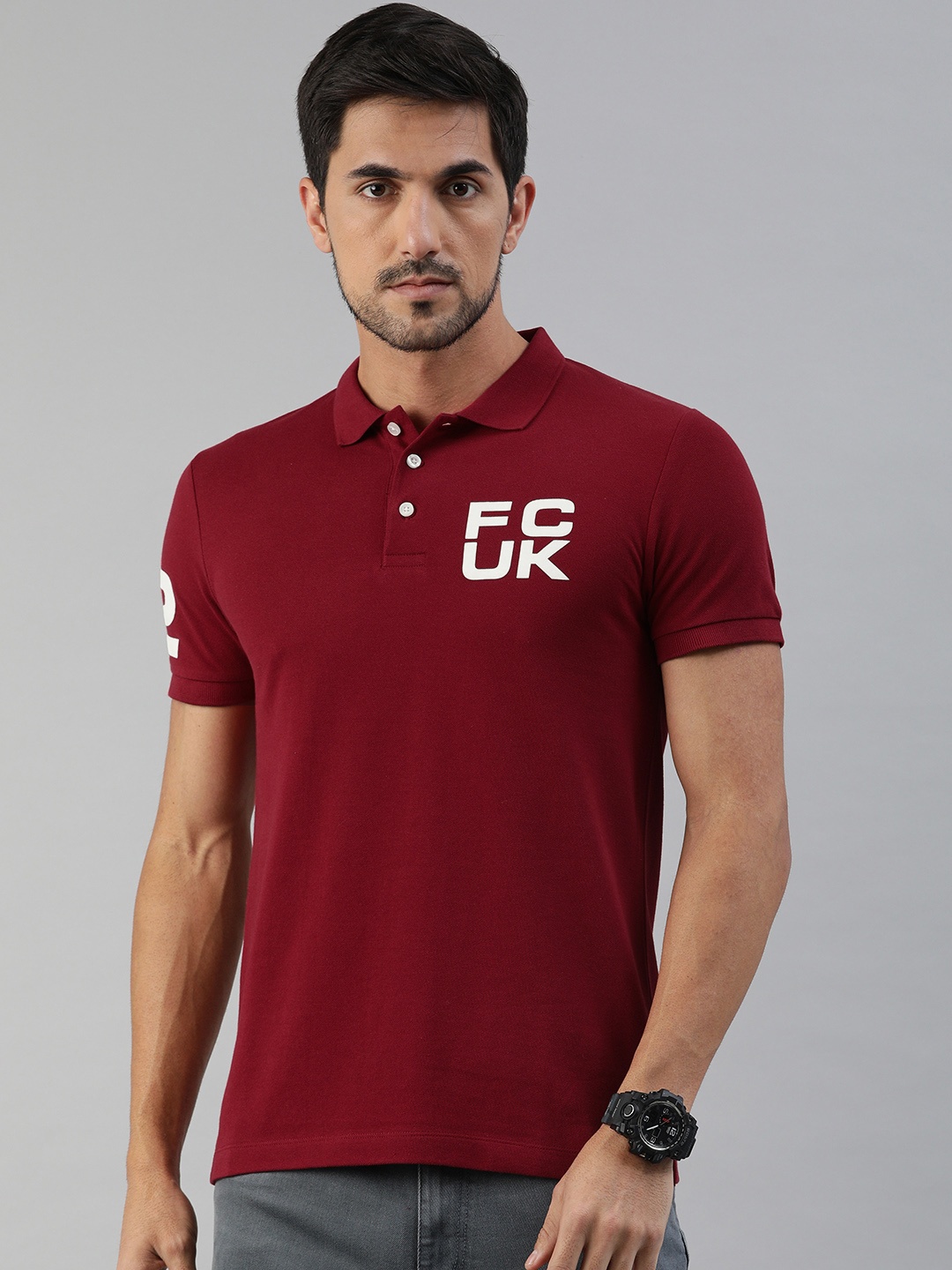 

French Connection Men Red Solid Polo Collar Pure Cotton T-shirt with Printed Detailing