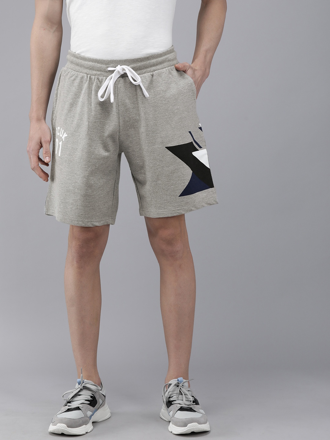 

French Connection Men Grey Melange Printed Slim Fit Regular Shorts