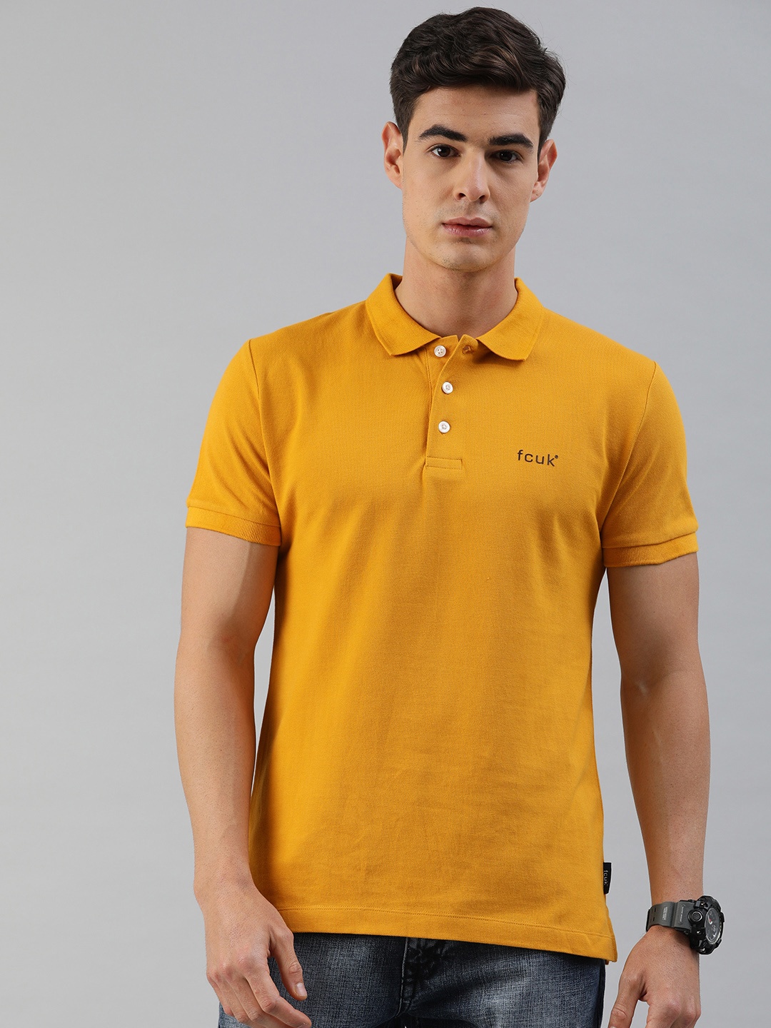 

French Connection Men Mustard Yellow Slim Fit Solid Polo Collar Pure Cotton T-shirt
