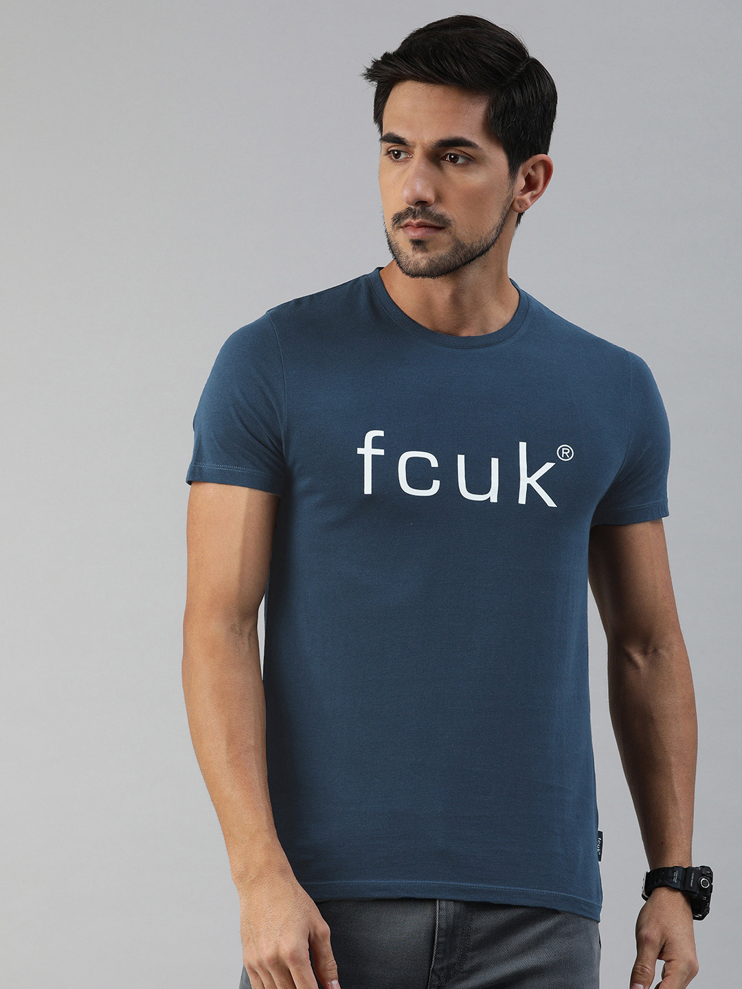 

French Connection Men Blue Printed Round Neck Pure Cotton T-shirt
