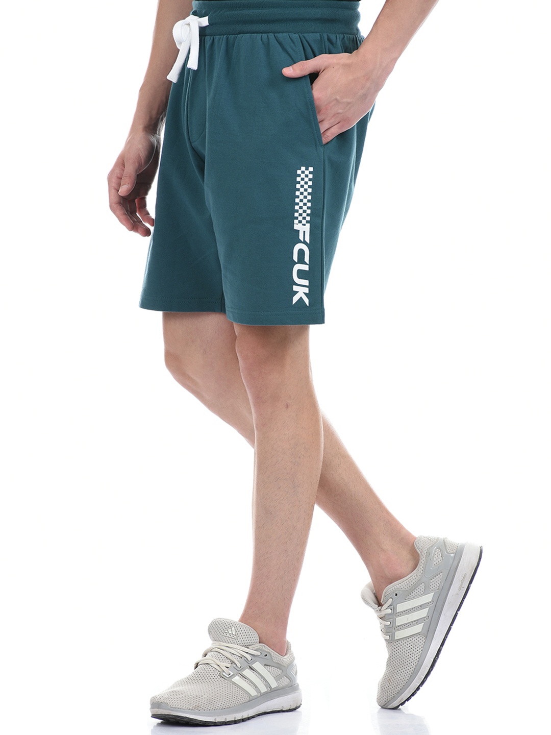 

French Connection Men Teal Green Typography Printed Slim Fit Mid-Rise Regular Shorts