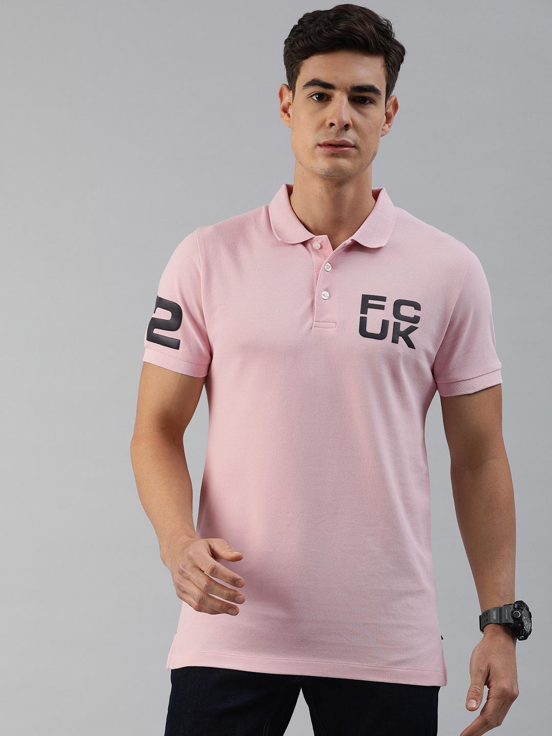 

French Connection Men Pink Solid Polo Collar Pure Cotton T-shirt with Printed Detailing