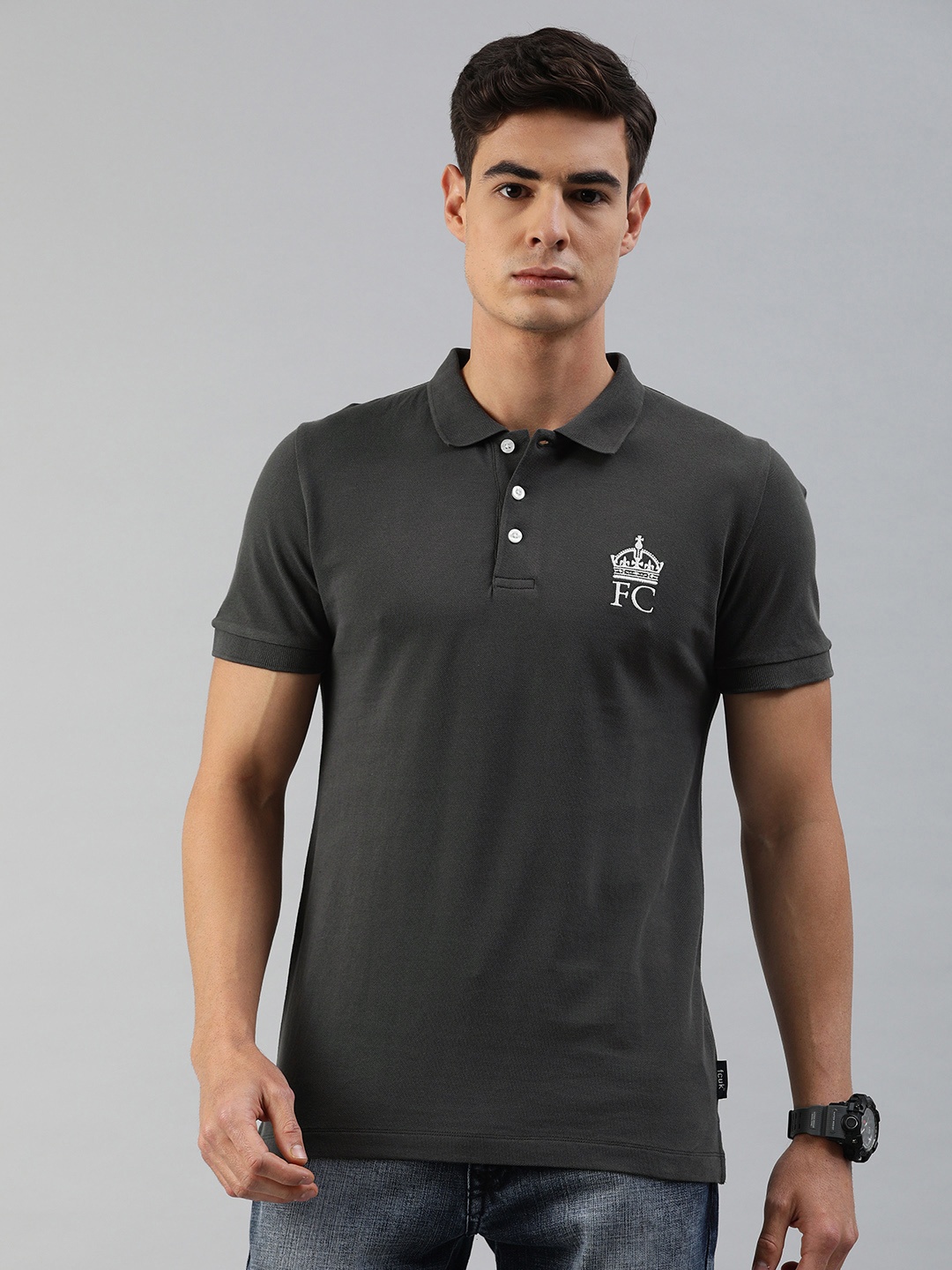 

French Connection Men Charcoal Grey Slim Fit Solid Polo Collar Pure Cotton T-shirt