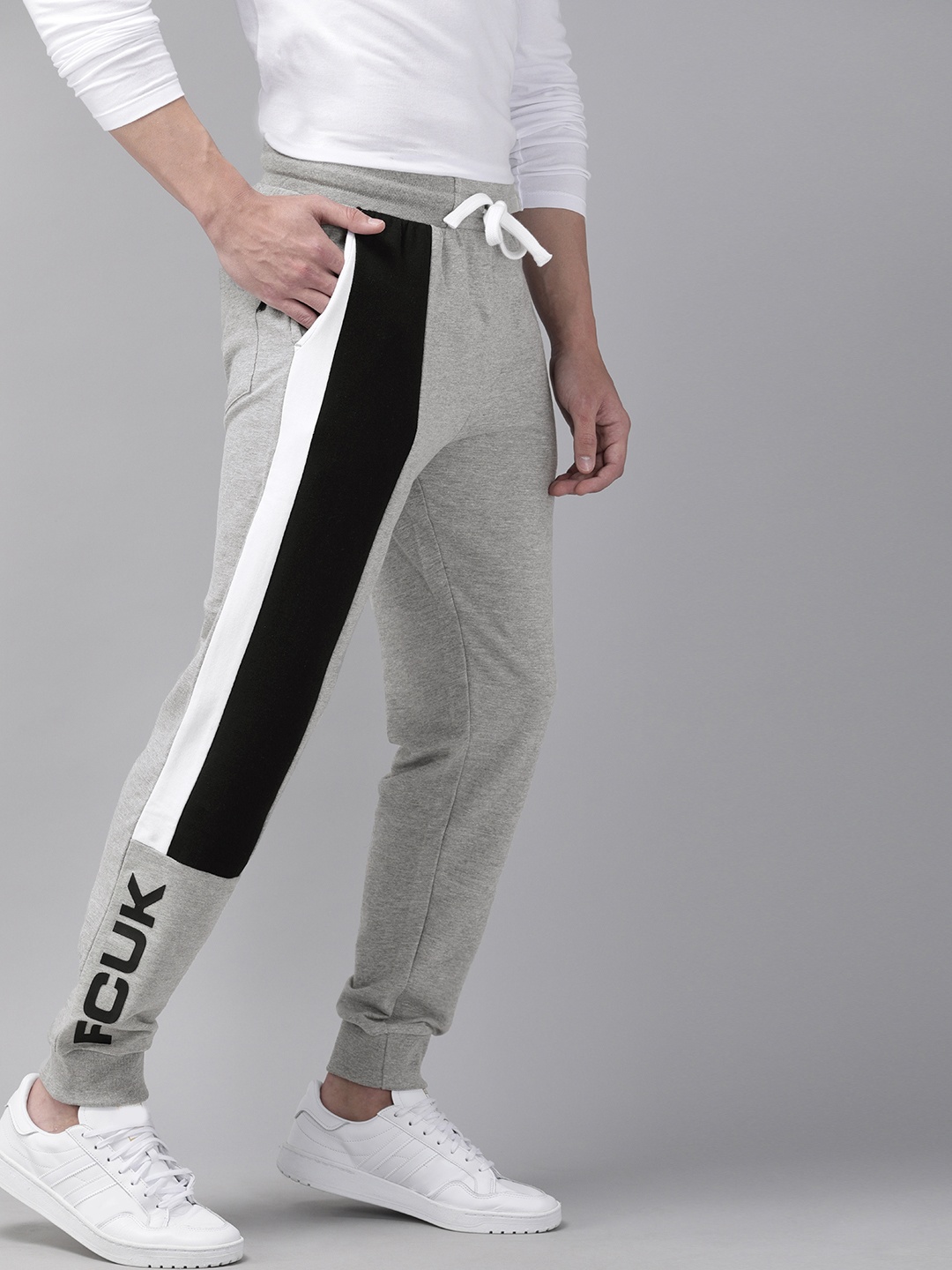 

French Connection Men Grey Melange & Black Slim Fit TWIN PANEL Printed Joggers