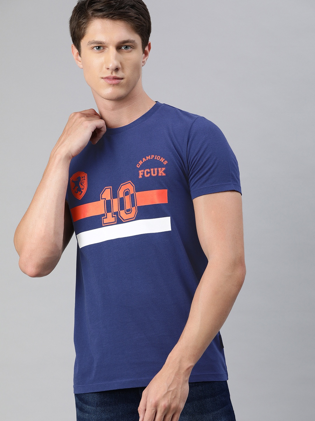 

French Connection Men Blue Printed Slim Fit Round Neck Pure Cotton T-shirt