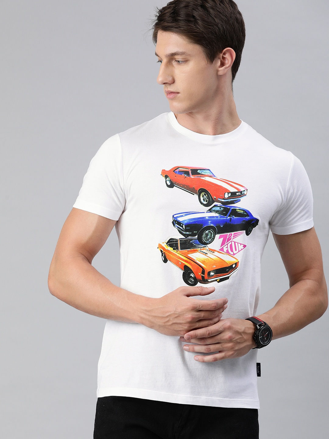 

French Connection Men White Printed Slim Fit Round Neck Pure Cotton T-shirt