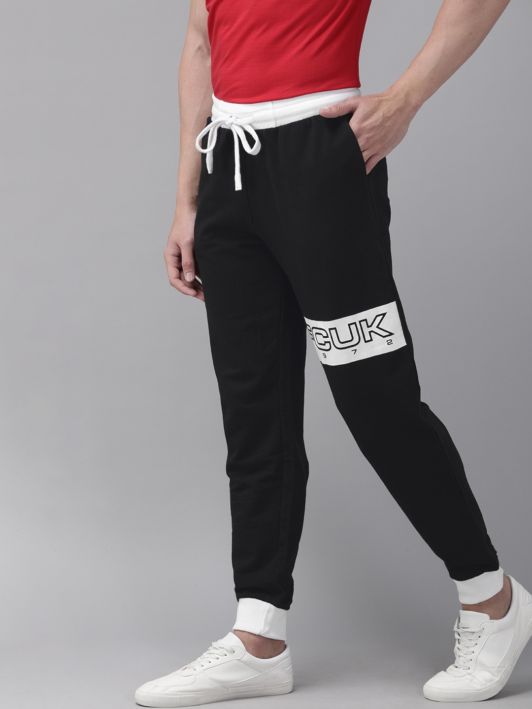 

French Connection Men Black Slim Fit Solid Joggers with Printed Detail