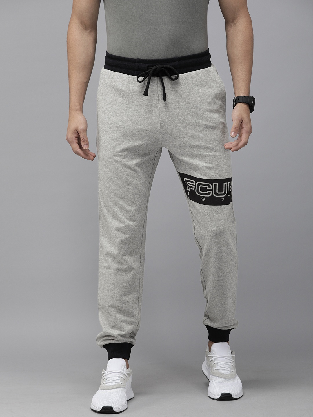 

French Connection Men Grey Melange & Black Solid Joggers with Brand Logo Print Detail