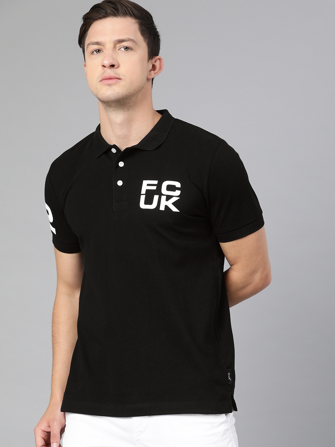 

French Connection Men Black Printed Polo Collar Pure Cotton T-shirt