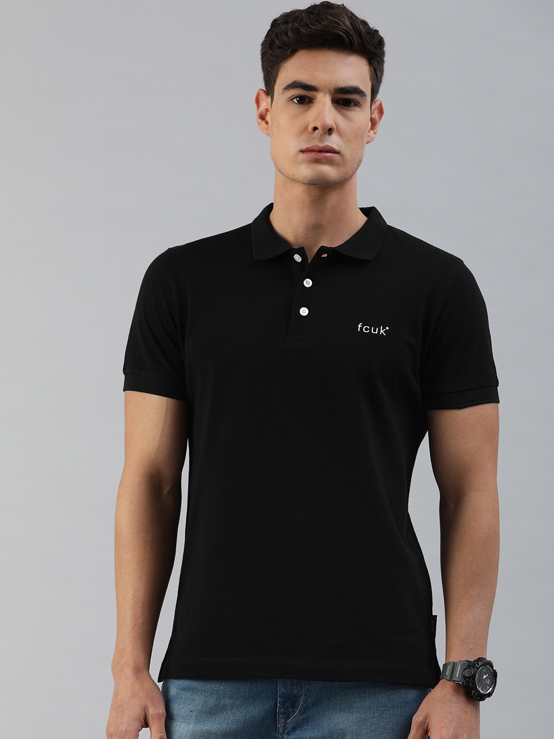 

French Connection Men Black Solid Polo Collar Pure Cotton T-shirt