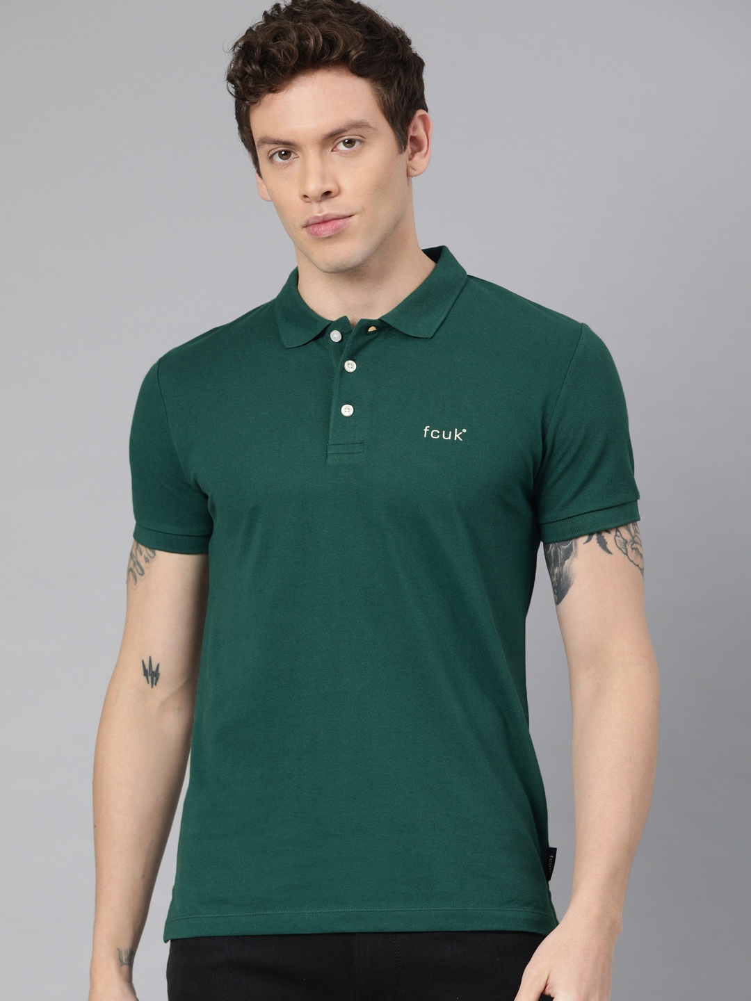 

French Connection Men Green Solid Polo Collar Pure Cotton T-shirt