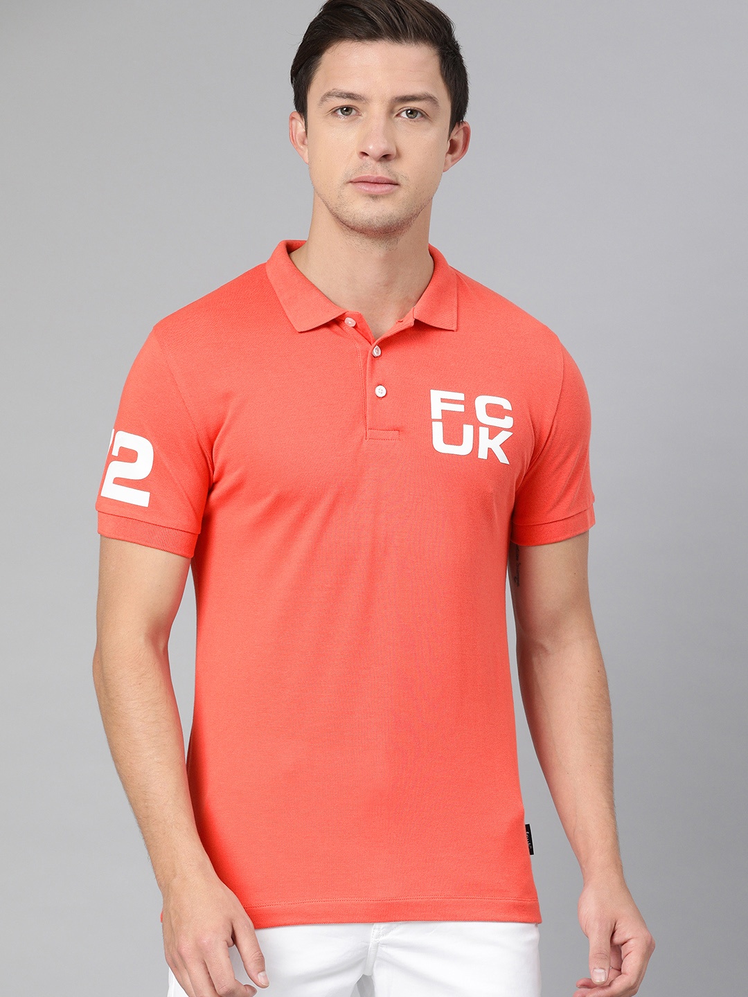 

French Connection Men Peach-Coloured Printed Polo Collar Pure Cotton T-shirt