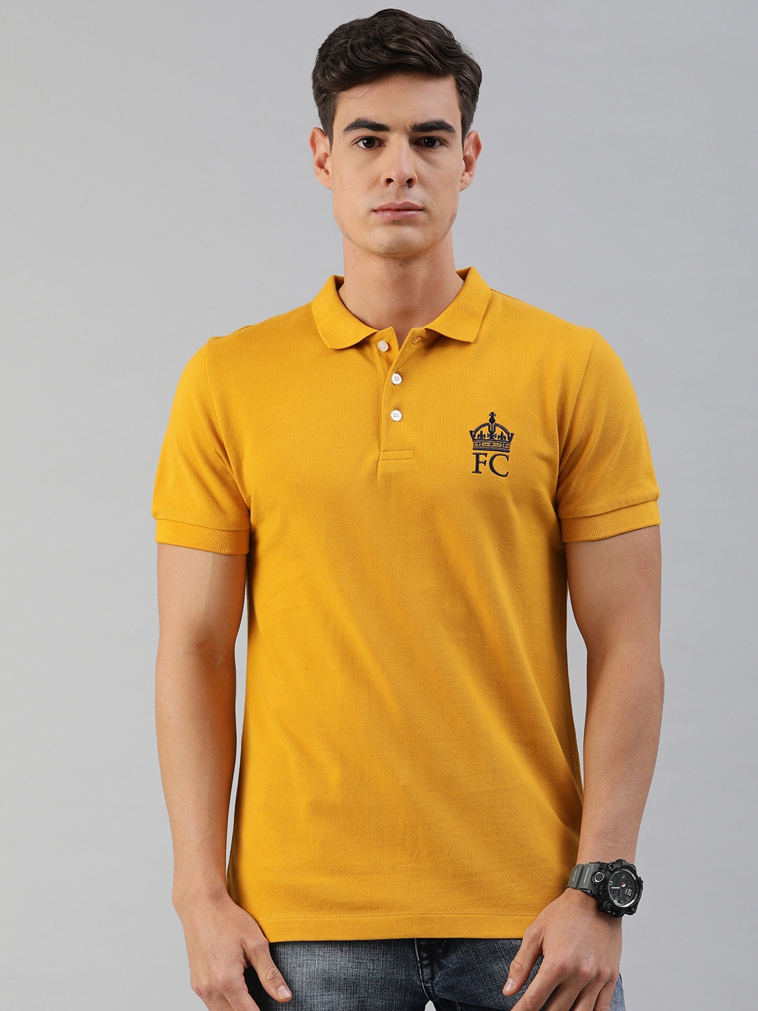 

French Connection Men Mustard Yellow Slim Fit Solid Polo Collar Pure Cotton T-shirt