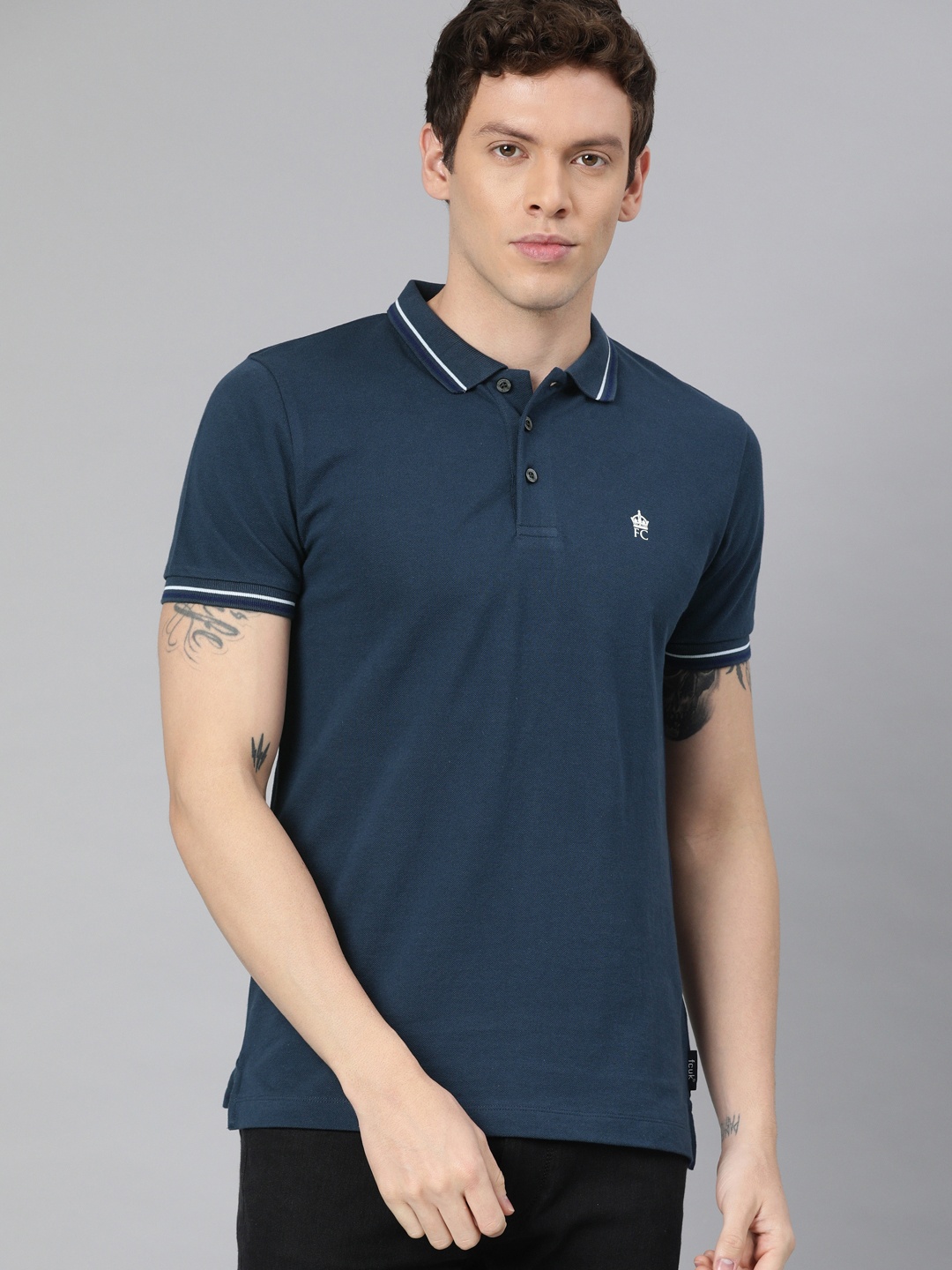 

French Connection Men Blue Solid Polo Collar Pure Cotton T-shirt