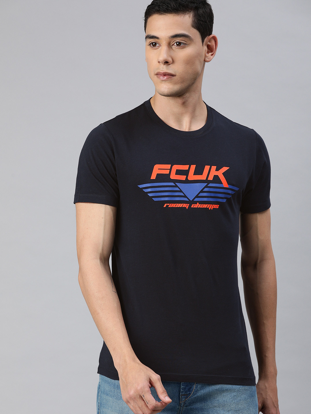 

French Connection Men Blue Printed Round Neck Pure Cotton T-shirt