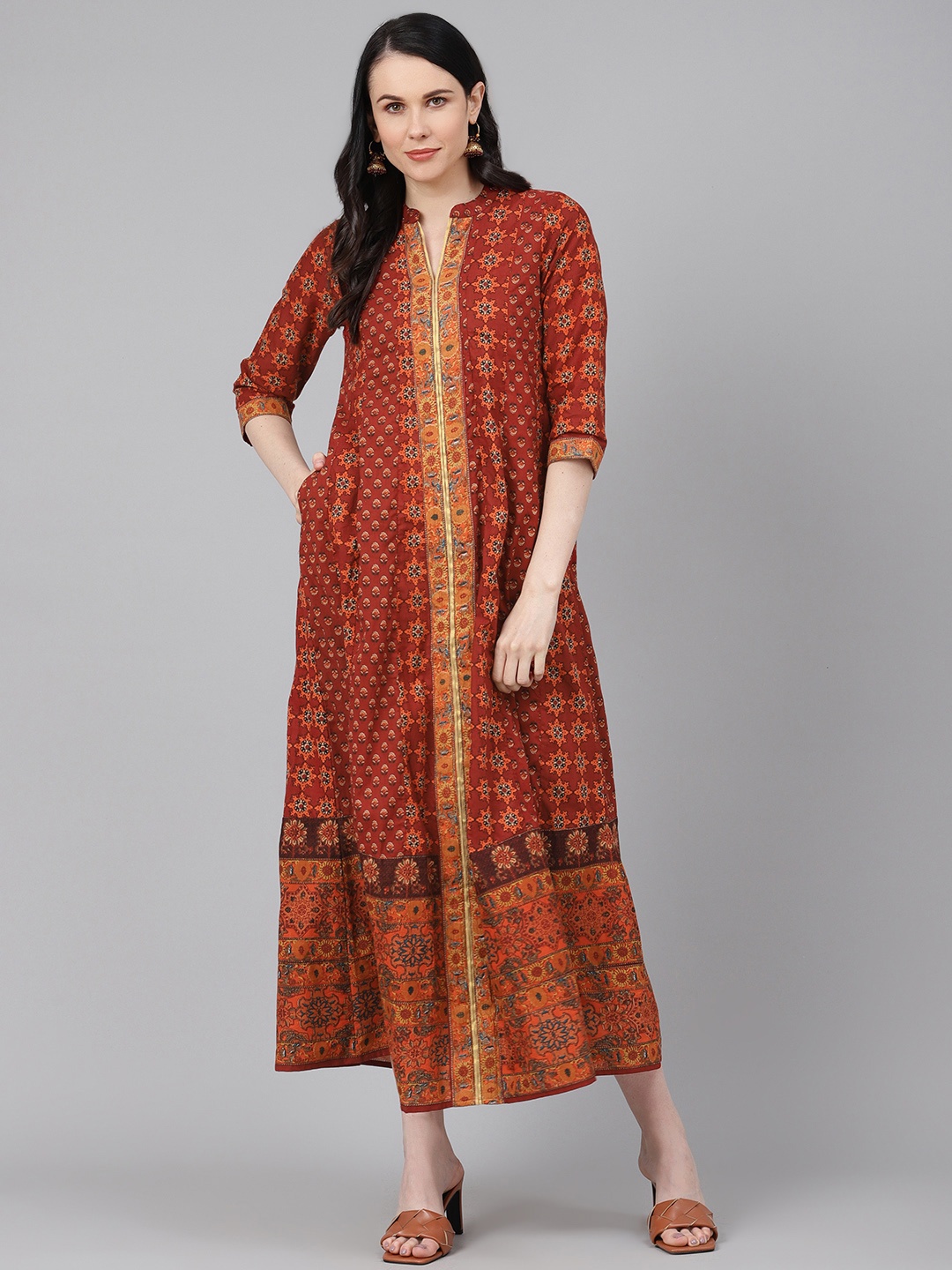 

Rain & Rainbow Women Maroon & Black Printed Pure Cotton Maxi Dress