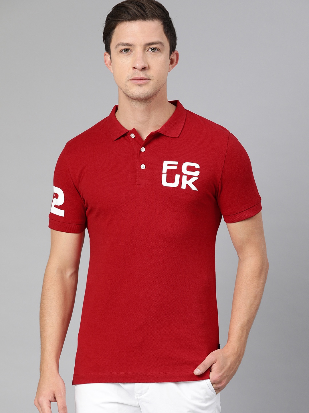 

French Connection Men Red Printed Polo Collar Pure Cotton T-shirt