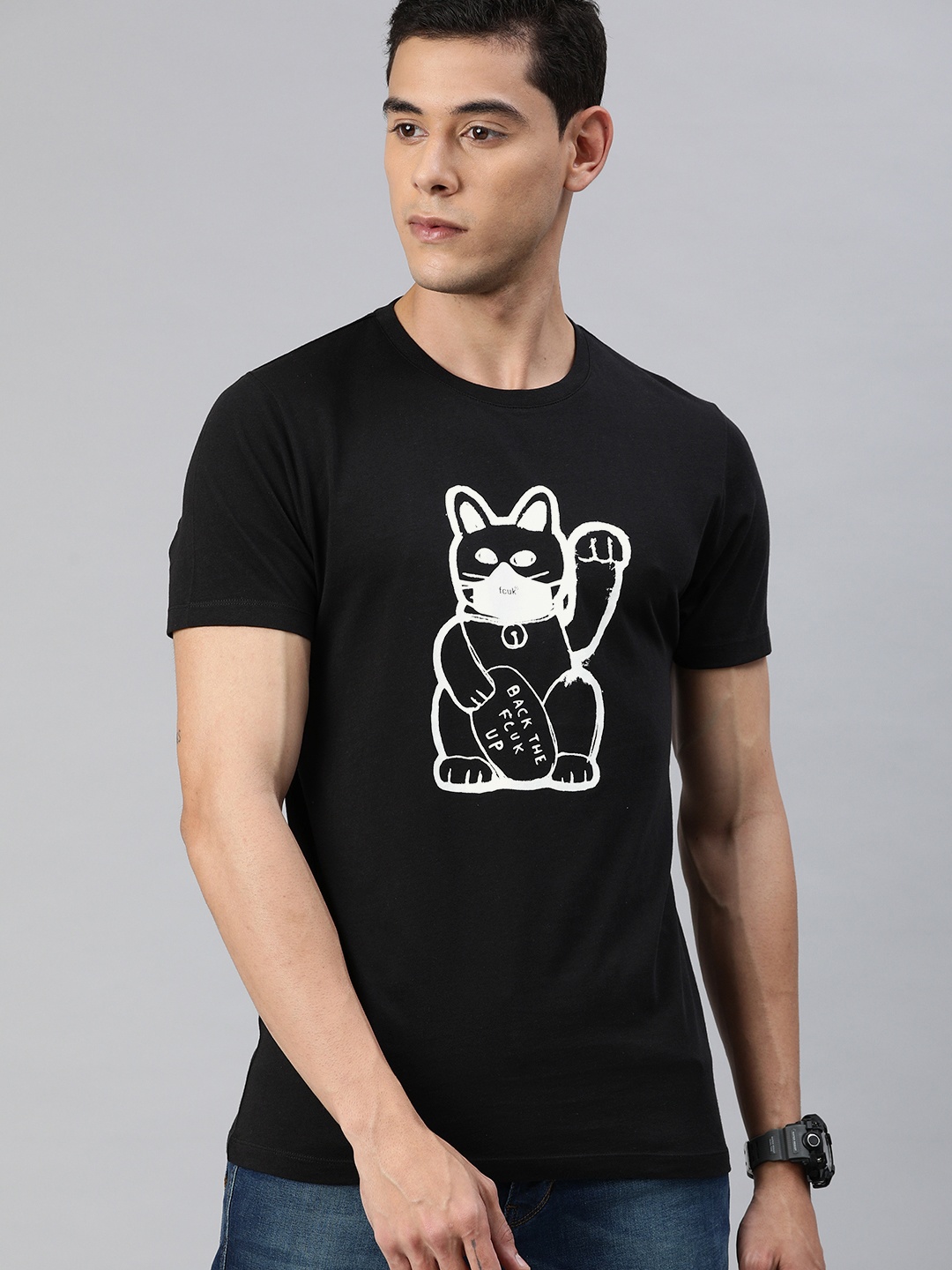 

French Connection Men Black Slim Fit Conversational Printed Round Neck Pure Cotton T-shirt