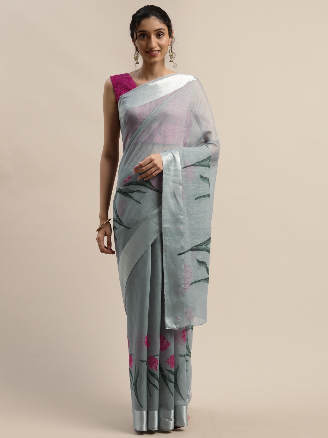 

Varanga Grey & Pink Linen Blend Floral Printed Saree