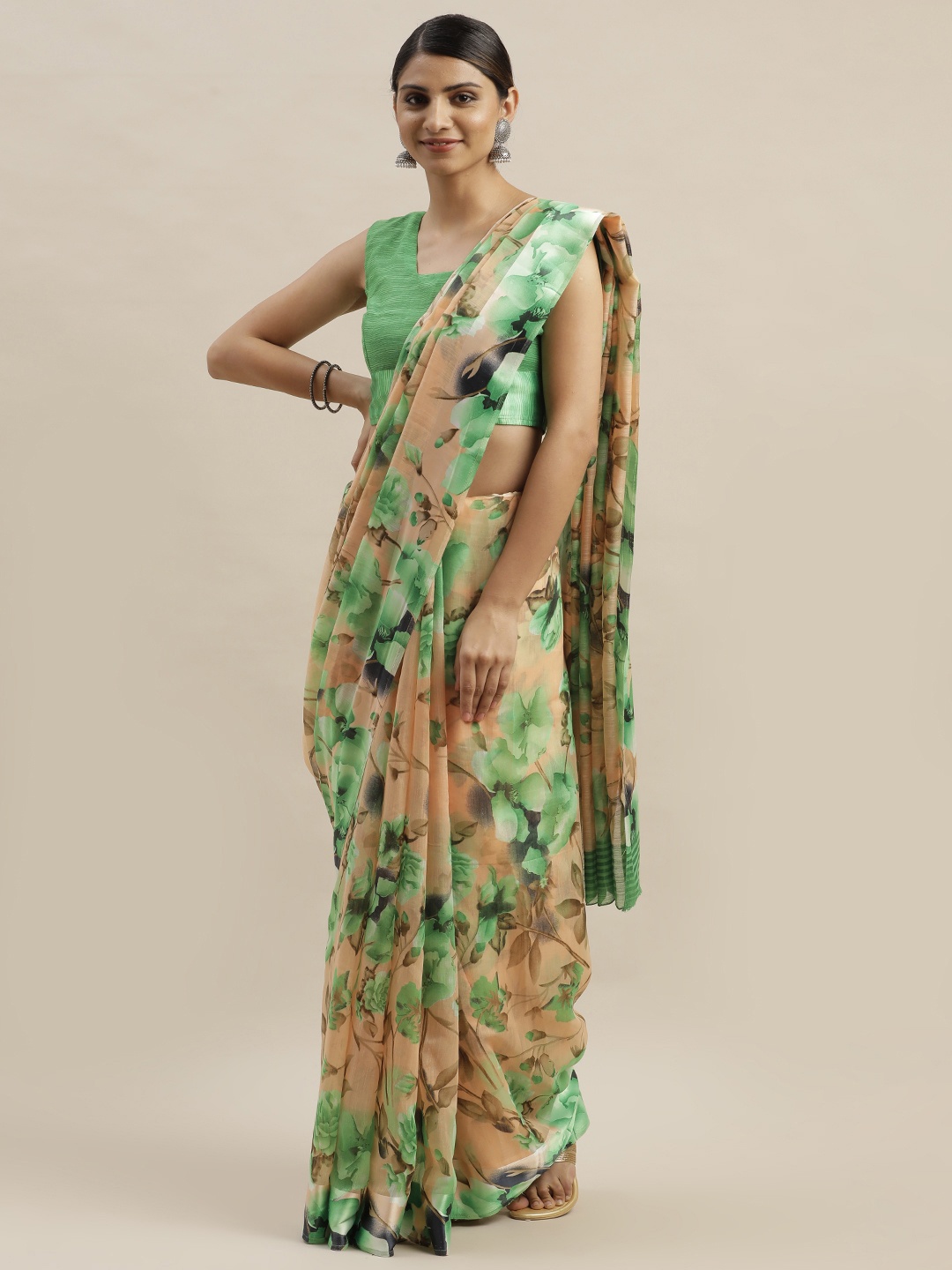 

Varanga Peach-Coloured & Green Floral Printed Saree