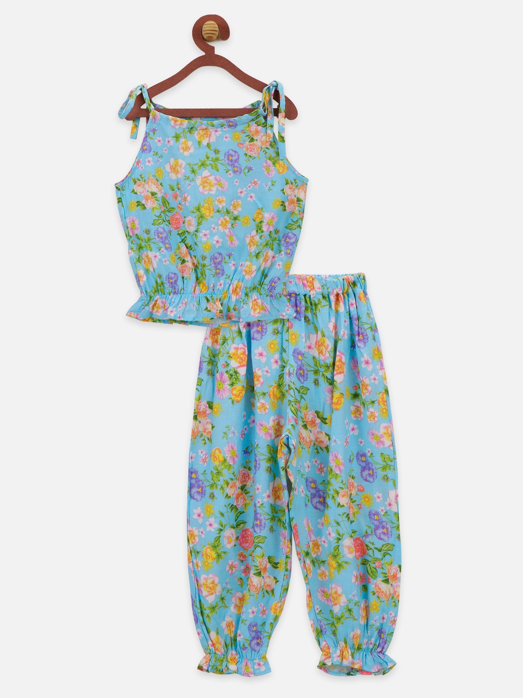 

LilPicks Girls Blue & Green Printed Top with Trousers