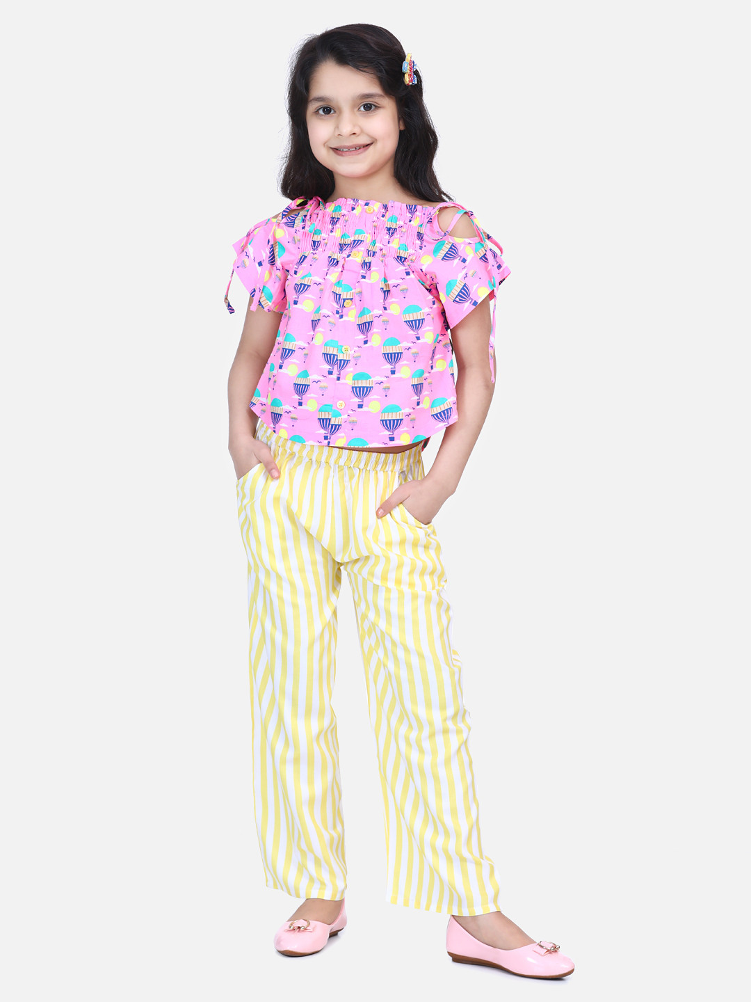 

LilPicks Girls Pink & Yellow Printed Top with Trousers