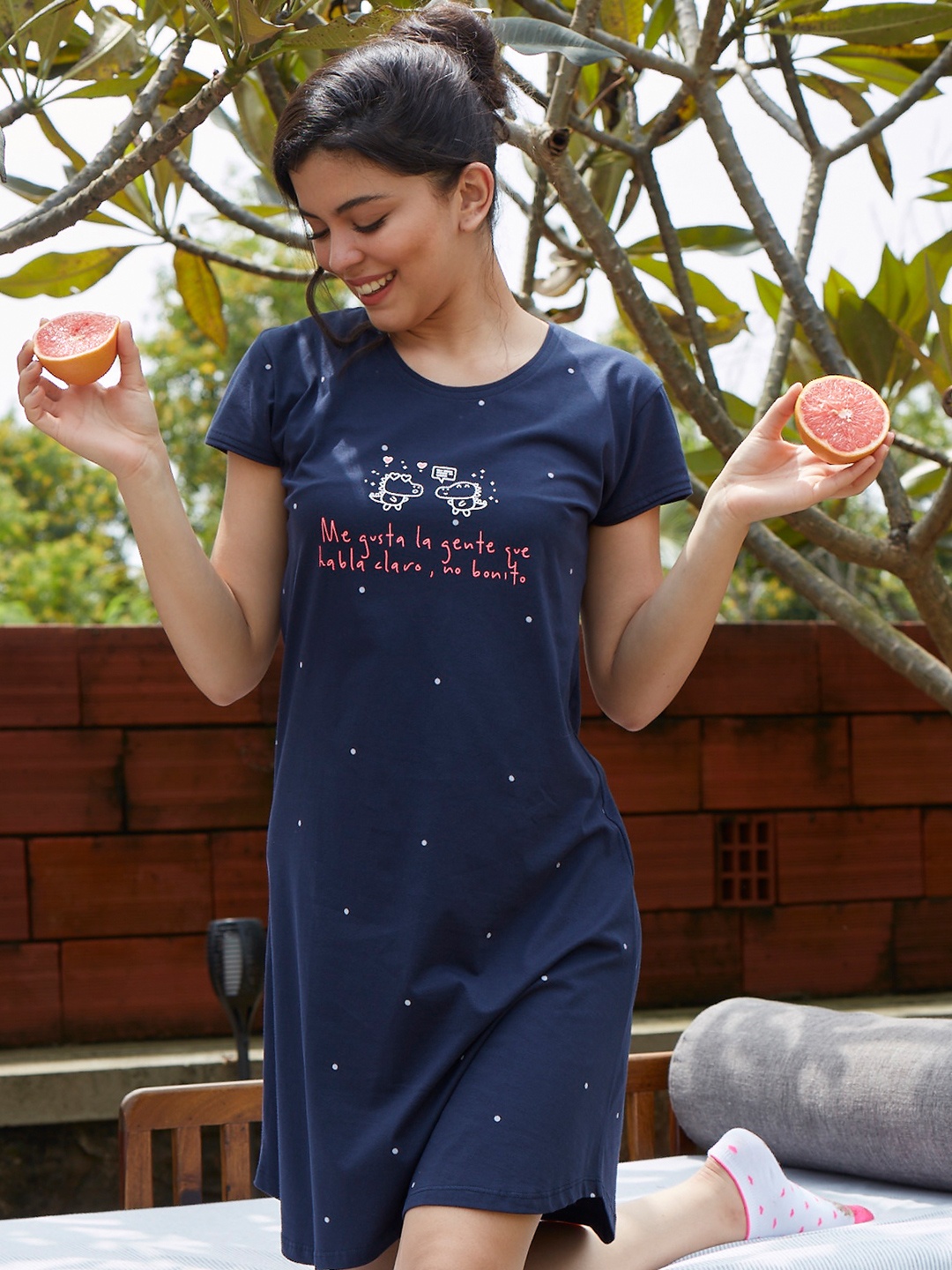 

Zeyo Navy Blue Printed Nightdress