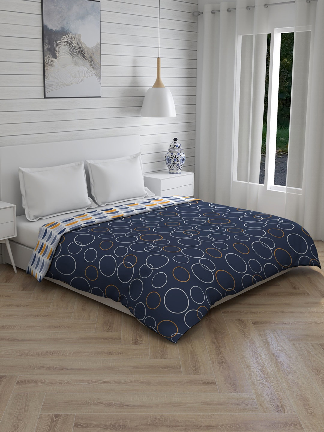 

Layers Navy Blue & Off-White Geometric AC Room 150 GSM Double Bed Comforter