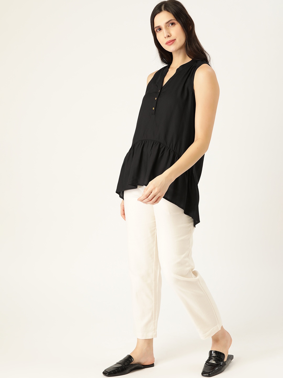 

her by invictus Black Mandarin Collar High-Low Longline Top