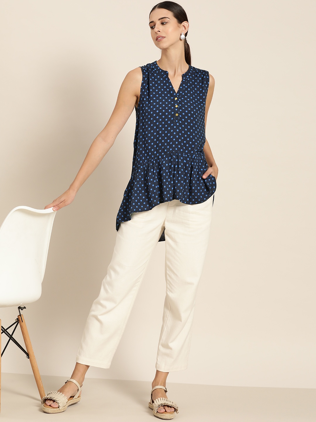 

her by invictus Women Navy Blue Polka Dots Printed A-Line Top