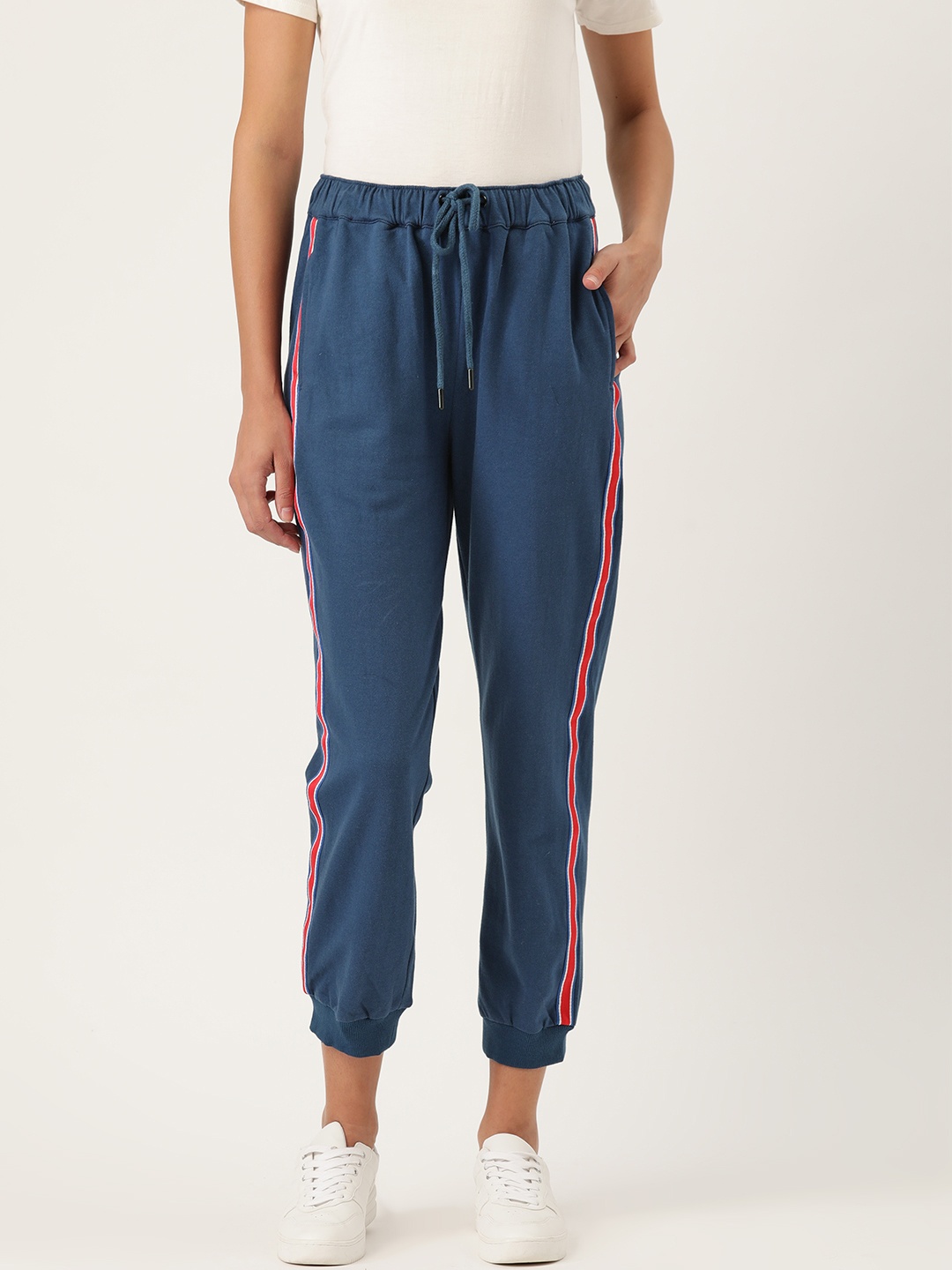 

her by invictus Women Navy Blue Solid Cotton Cropped Joggers