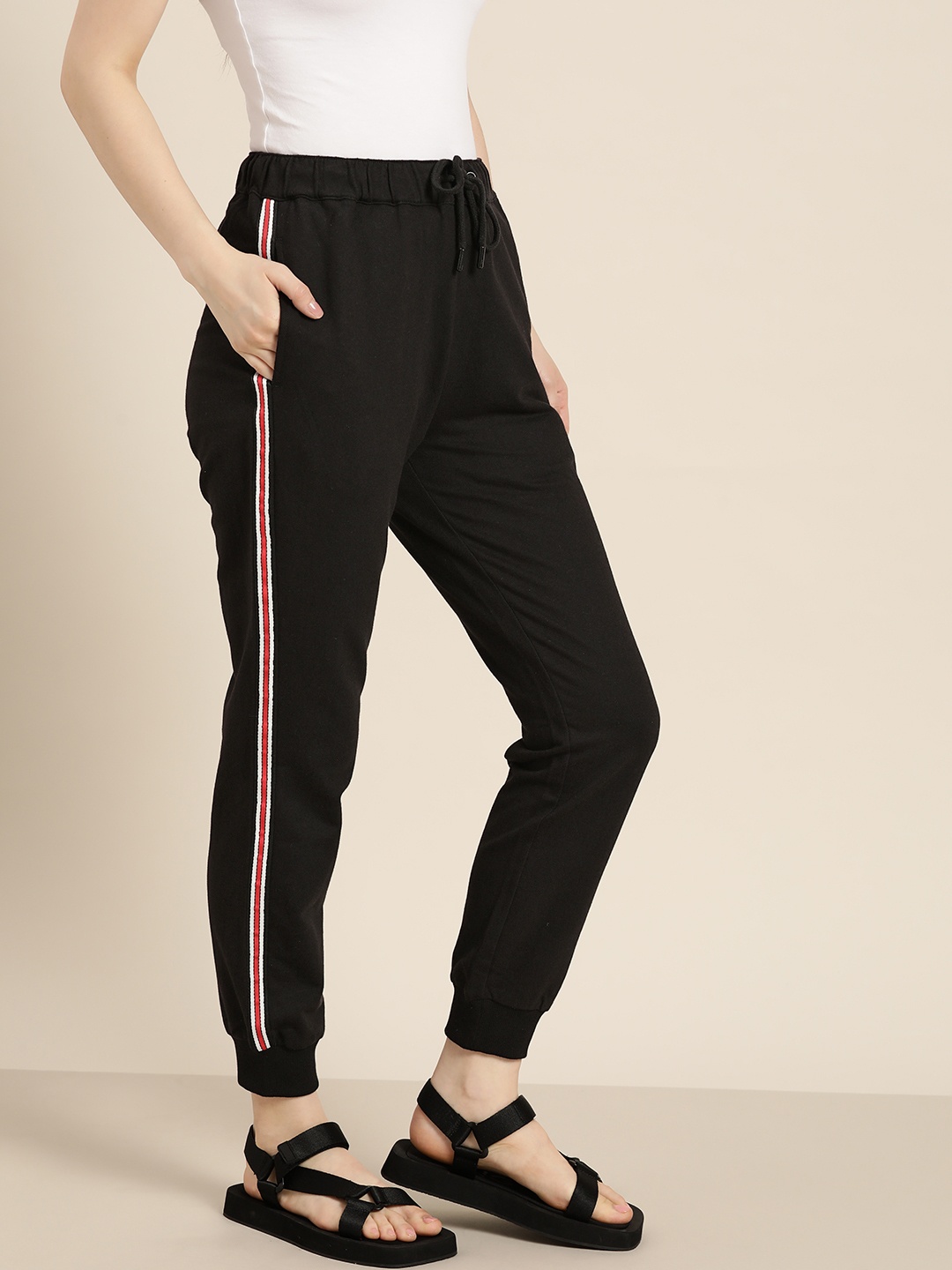 

her by invictus Women Black Pure Cotton Side Striped Solid Joggers