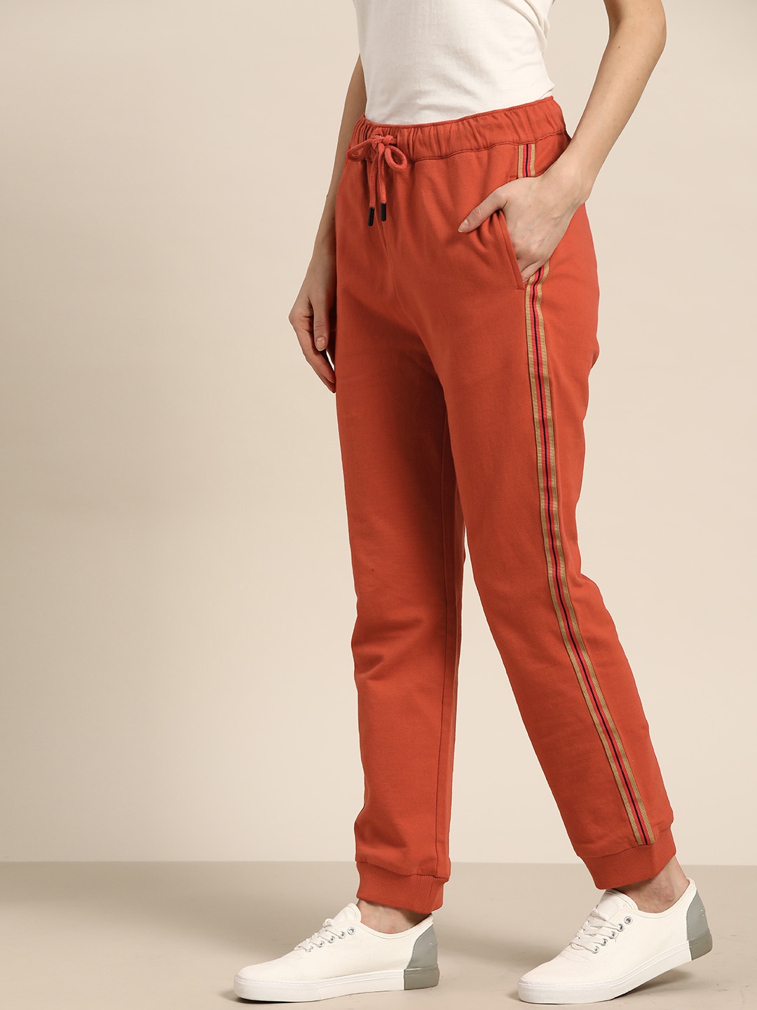 

her by invictus Women Rust Orange Solid Pure Cotton Joggers