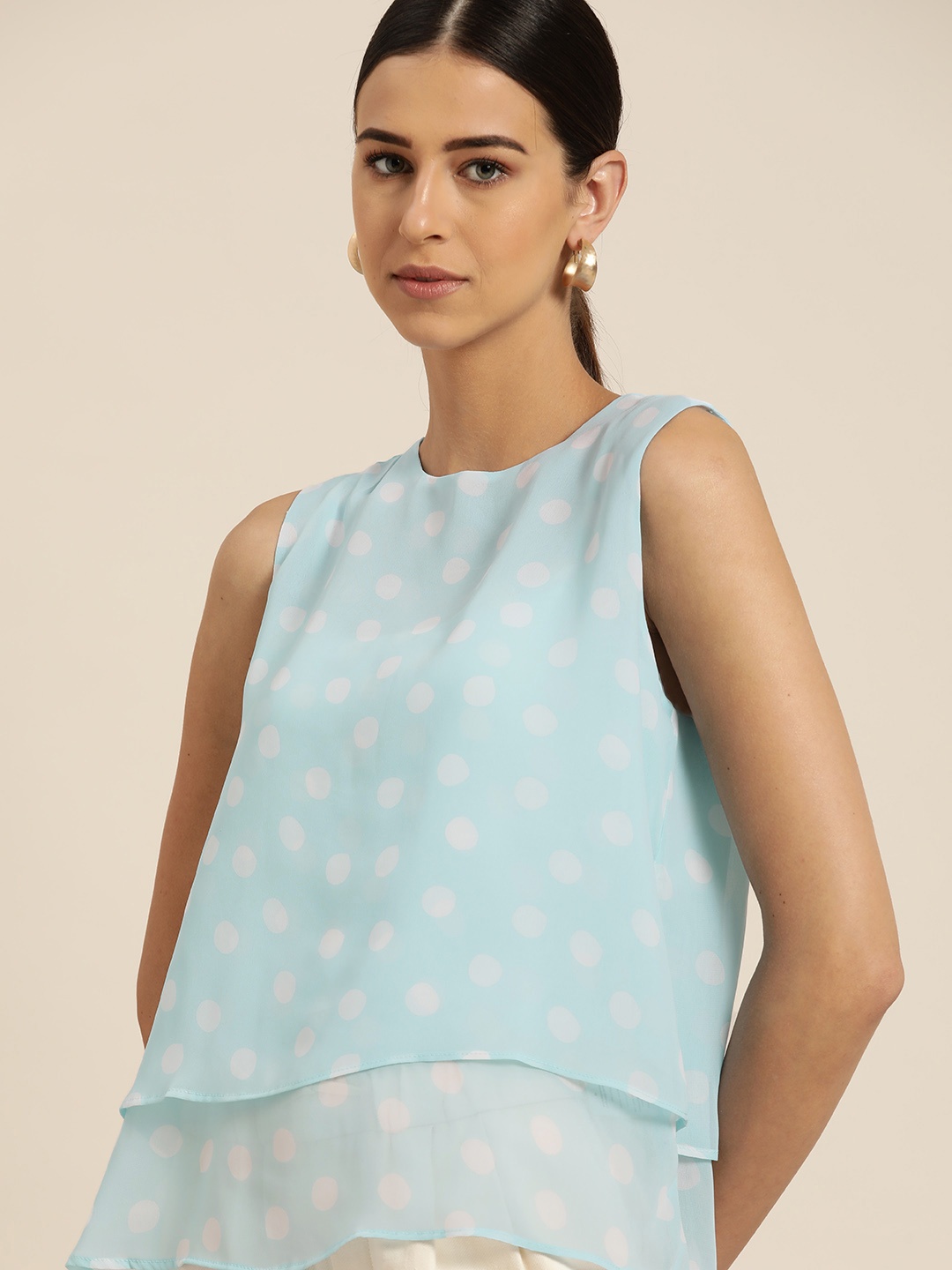 

her by invictus Blue & White Polka Dot Print Layered Regular Top