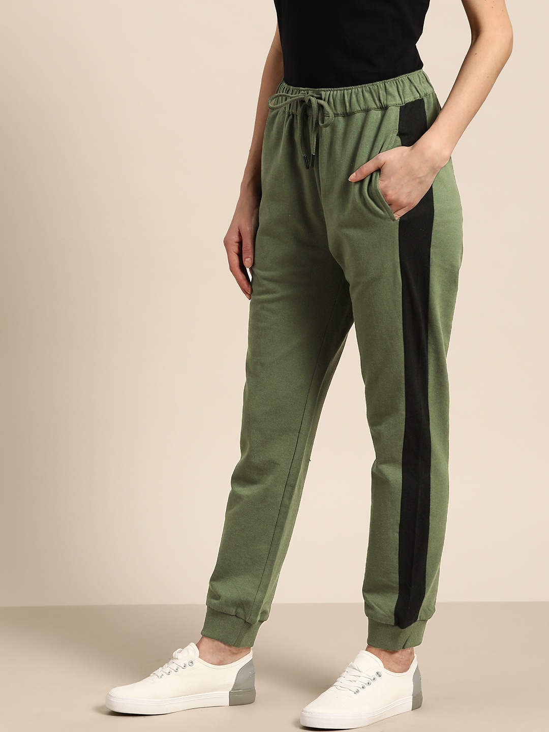 

her by invictus Women Olive Green Straight Fit Solid Pure Cotton Joggers