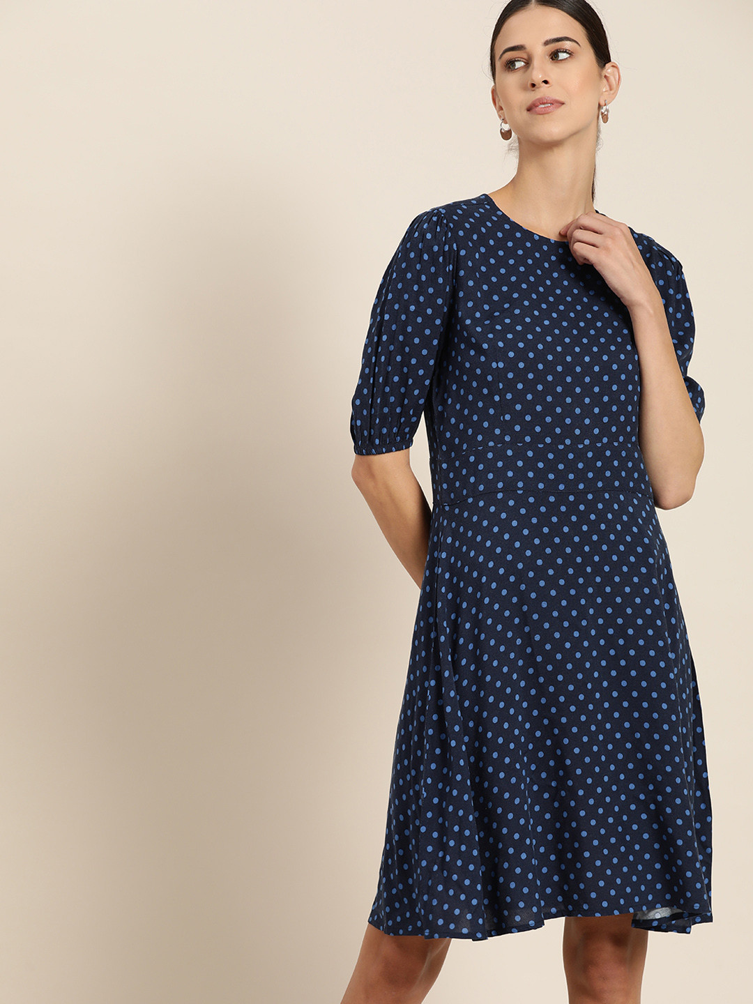 

her by invictus Women Navy Blue Polka Dots Print A-Line Dress