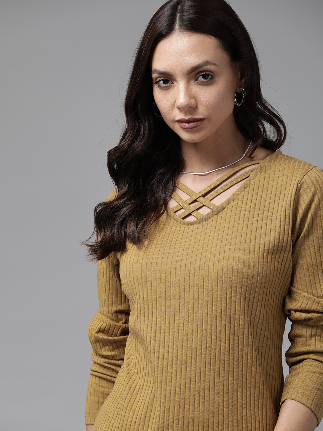 

Roadster Khaki V-Neck Ribbed Top