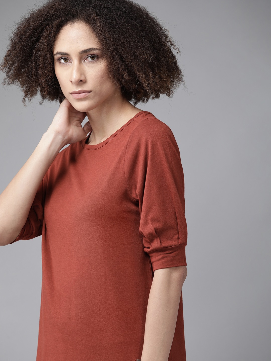 

The Roadster Lifestyle Co Rust Red Puff Sleeve Cotton Regular Top